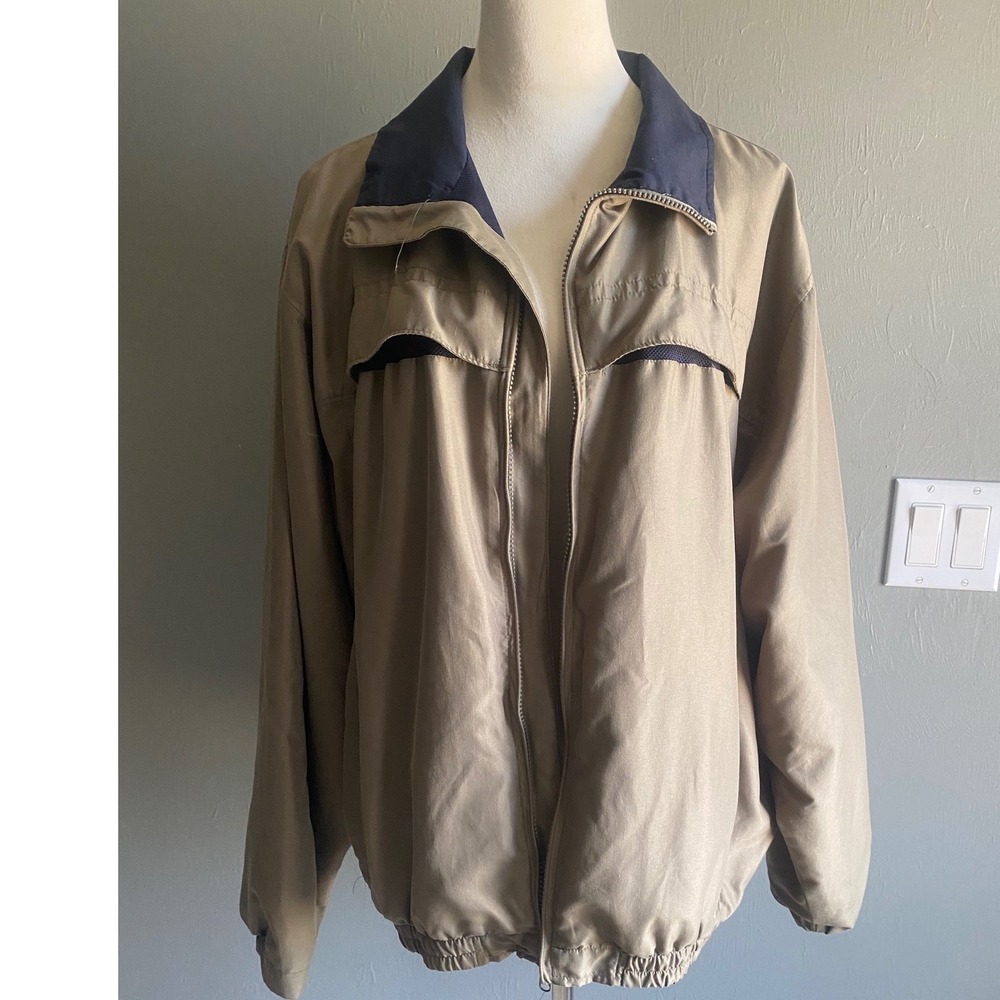 Boca Classics Mens Tan Khaki Windbreaker Jacket Navy Collar Mesh Lined Size L